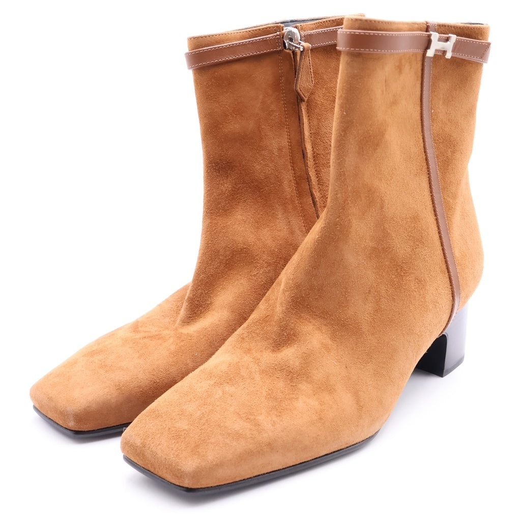 HERMES(エルメス) オマージュ スウェード レザー Hバックル スクエアトゥ ショートブーツ ブラウン レディース