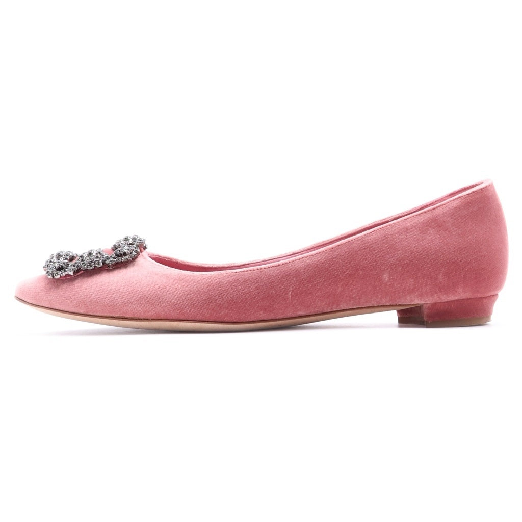 MANOLO BLAHNIK(マノロブラニク) ハンギシ ベロア ビジュー装飾 ポインテッドトゥ フラット パンプス ピンク レディース