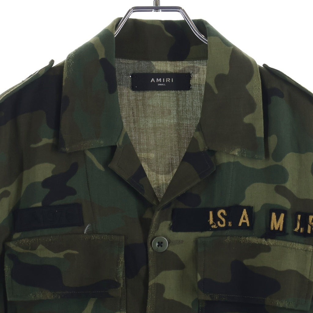 AMIRI(アミリ) カシミヤ混 カットオフ パッチ オープンカラー ミリタリー 長袖シャツ カーキ