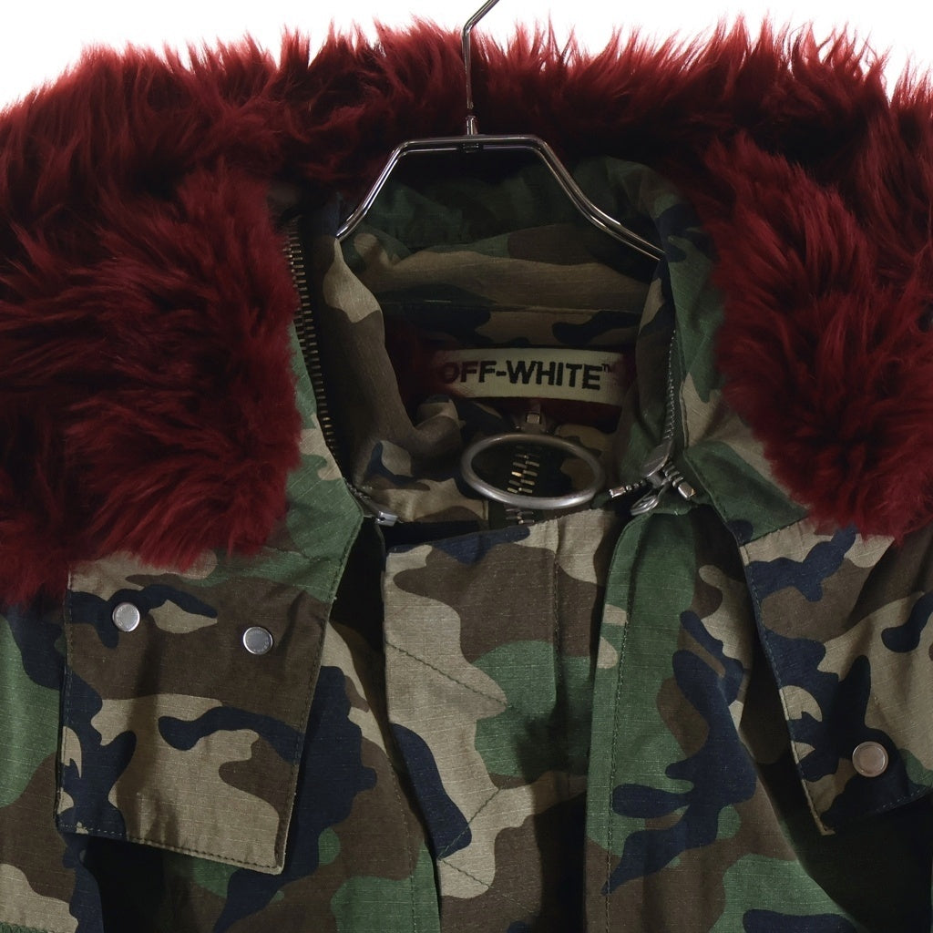 OFF-WHITE(オフホワイト) ファー付き カモ柄 リップストップ ミリタリー モッズコート カーキ