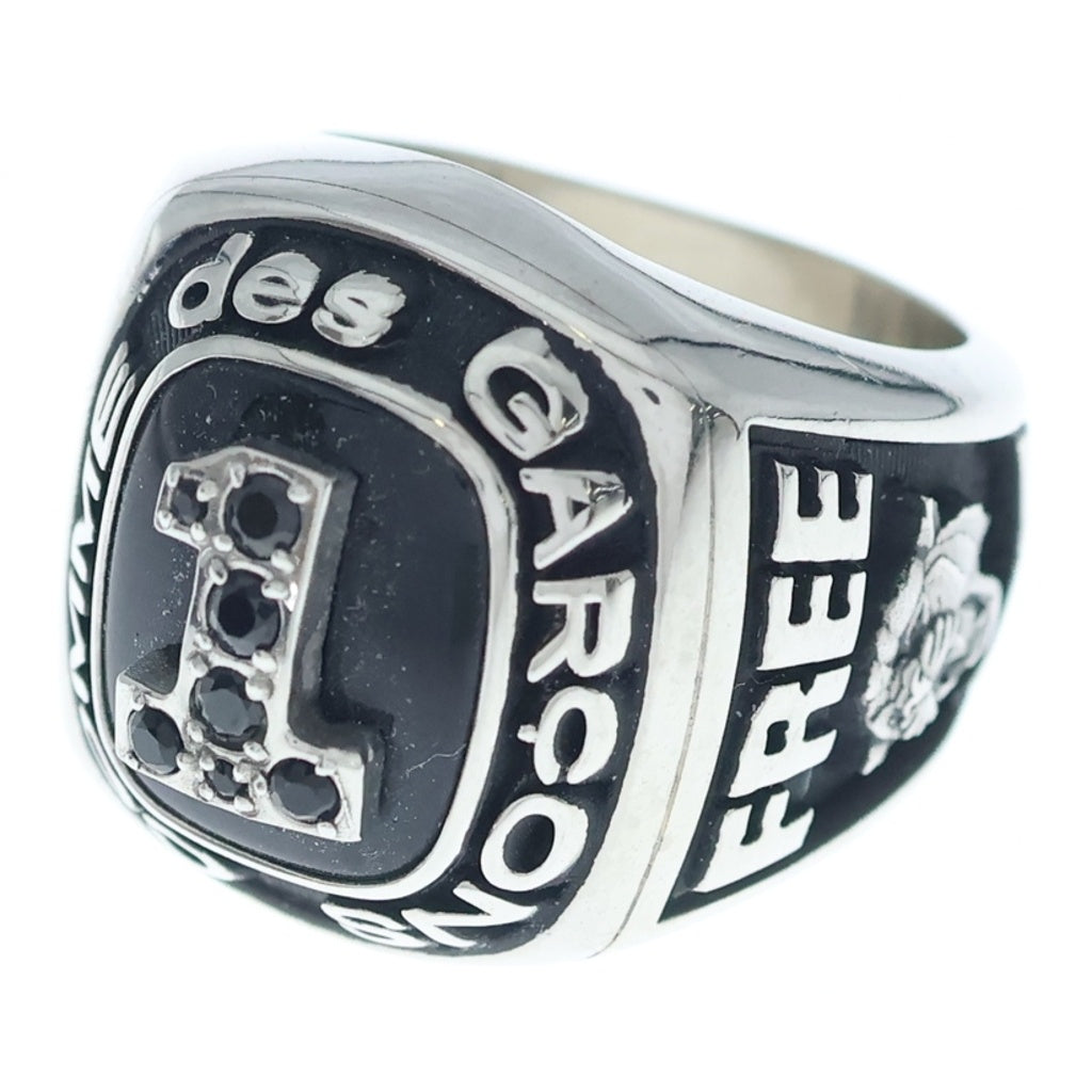 COMME des GARCONS(コムデギャルソン) HAPPY HOLIDAYS LIVE FREE CHAMPION RING ロゴ ラインストーン チャンピオン カレッジリング 指輪 ブラック/シルバー