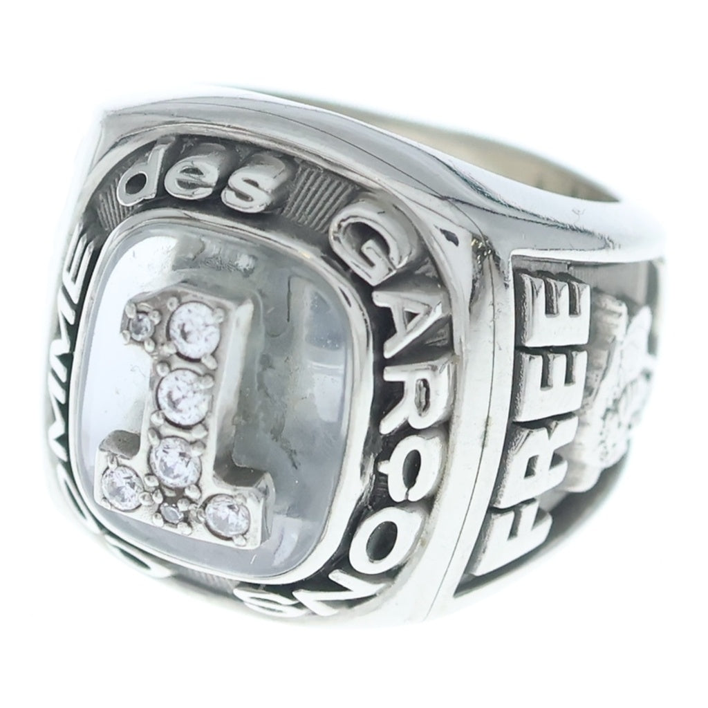 COMME des GARCONS(コムデギャルソン) HAPPY HOLIDAYS LIVE FREE CHAMPION RING ロゴ ラインストーン チャンピオン カレッジリング 指輪 シルバー レディース
