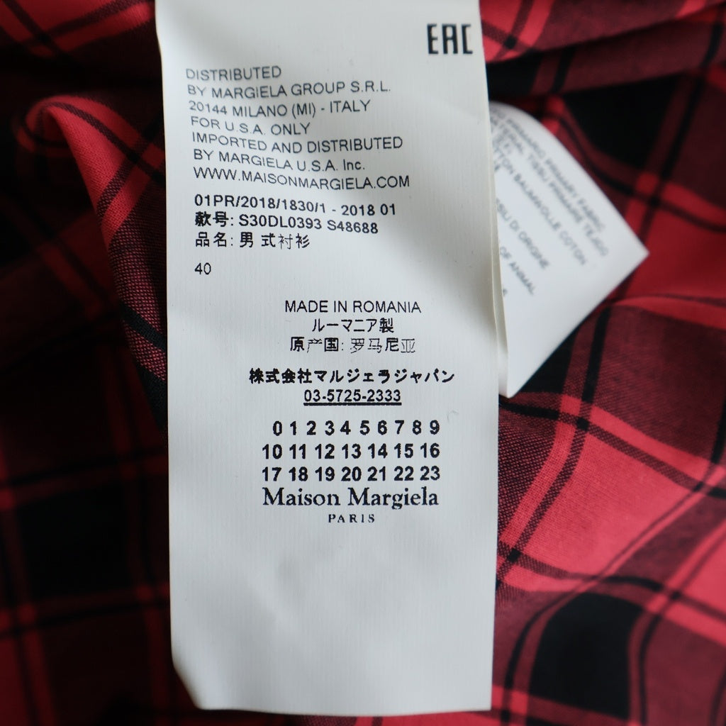 Maison Margiela(メゾンマルジェラ) 18SS コットン チェック 比翼 半袖シャツ レッド/ブラック S30DL0393 S48688