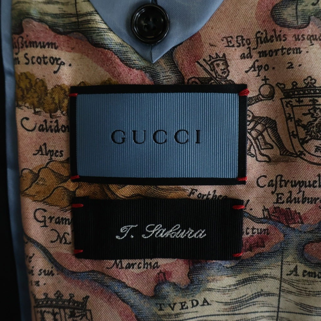 GUCCI(グッチ) ウール ピークドラペル 2B テーラードジャケット スラックスパンツ ジレベスト 3ピース セットアップ スーツ ブラック