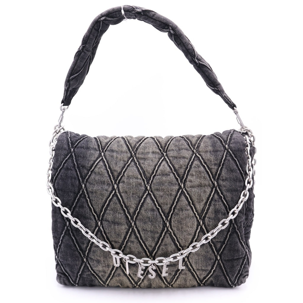 DIESEL(ディーゼル) CHARM-D SHOULDER L ラインストーンロゴチャーム キルティング デニムショルダーバッグ ブラック レディース