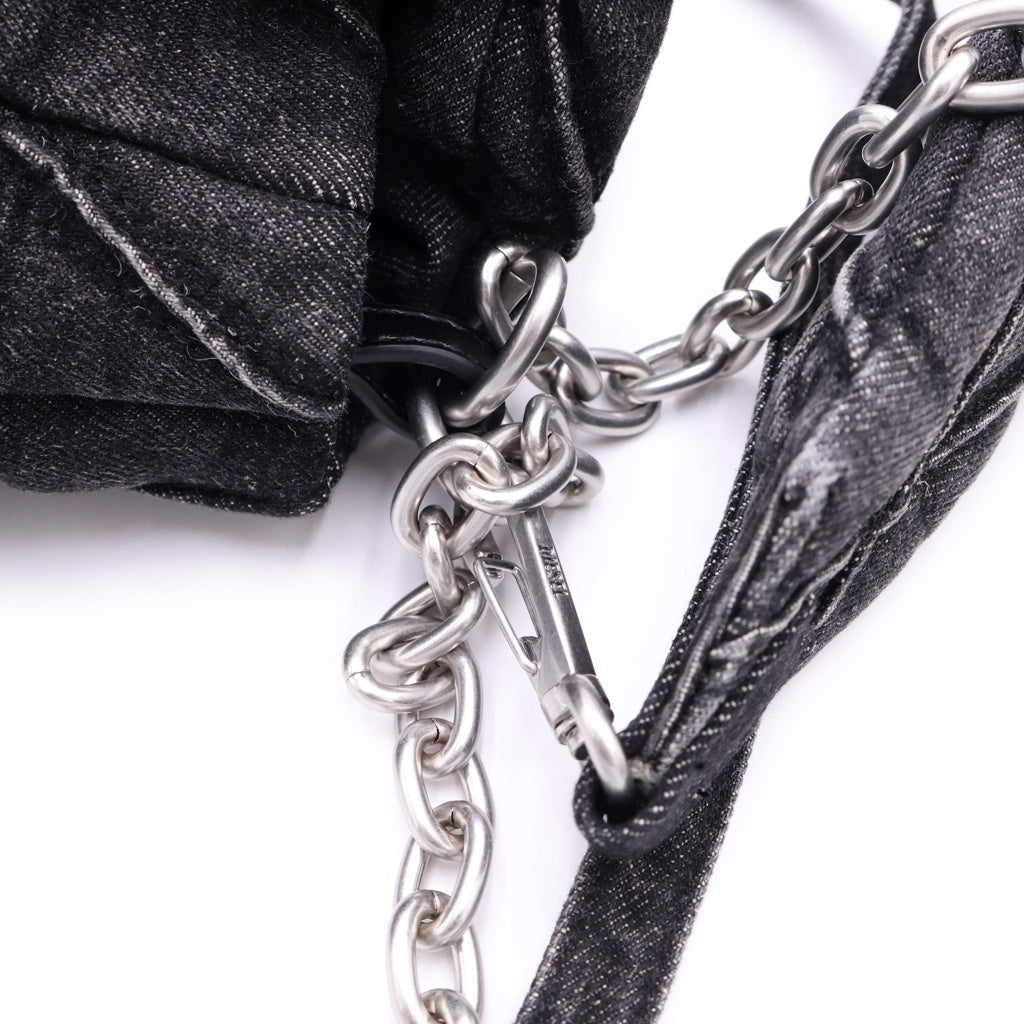 DIESEL(ディーゼル) CHARM-D SHOULDER L ラインストーンロゴチャーム キルティング デニムショルダーバッグ ブラック レディース