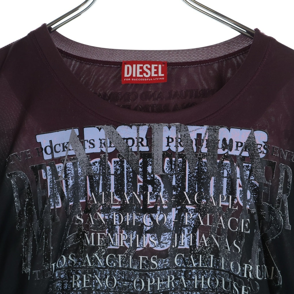DIESEL(ディーゼル) T-OLAVI-AA テクニカルファブリック フロントプリント 長袖Tシャツカットソー ブラック/ボルドー A19721