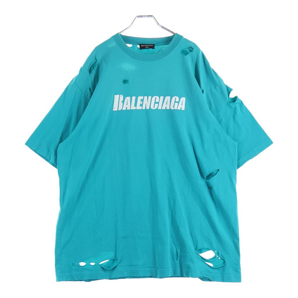 BALENCIAGA(バレンシアガ) 21SS デストロイ加工 ロゴプリント 半袖Tシャツ カットソー ライトブルー 651795