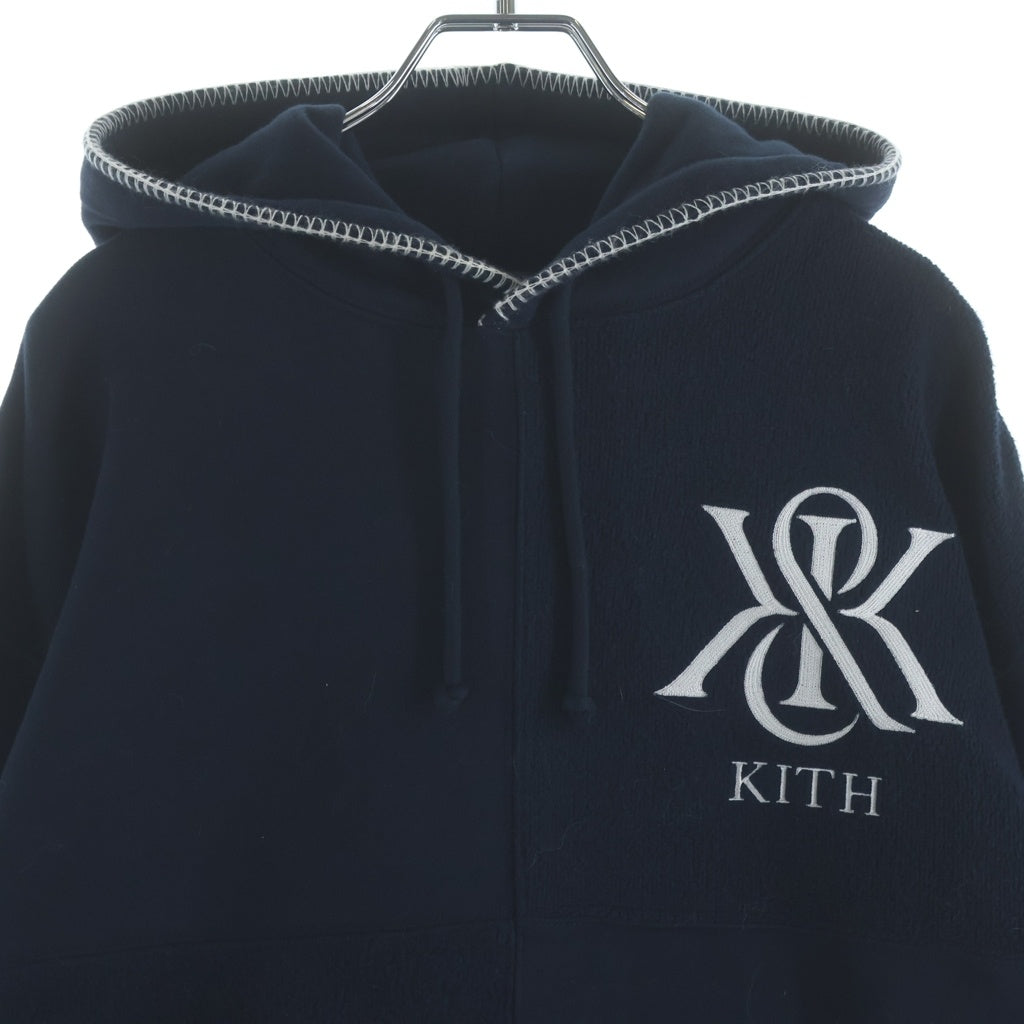KITH(キス) Panelled Nelson Hoodie パイル地 コットン 切り替え プルオーバースウェットパーカー ネイビー レディース