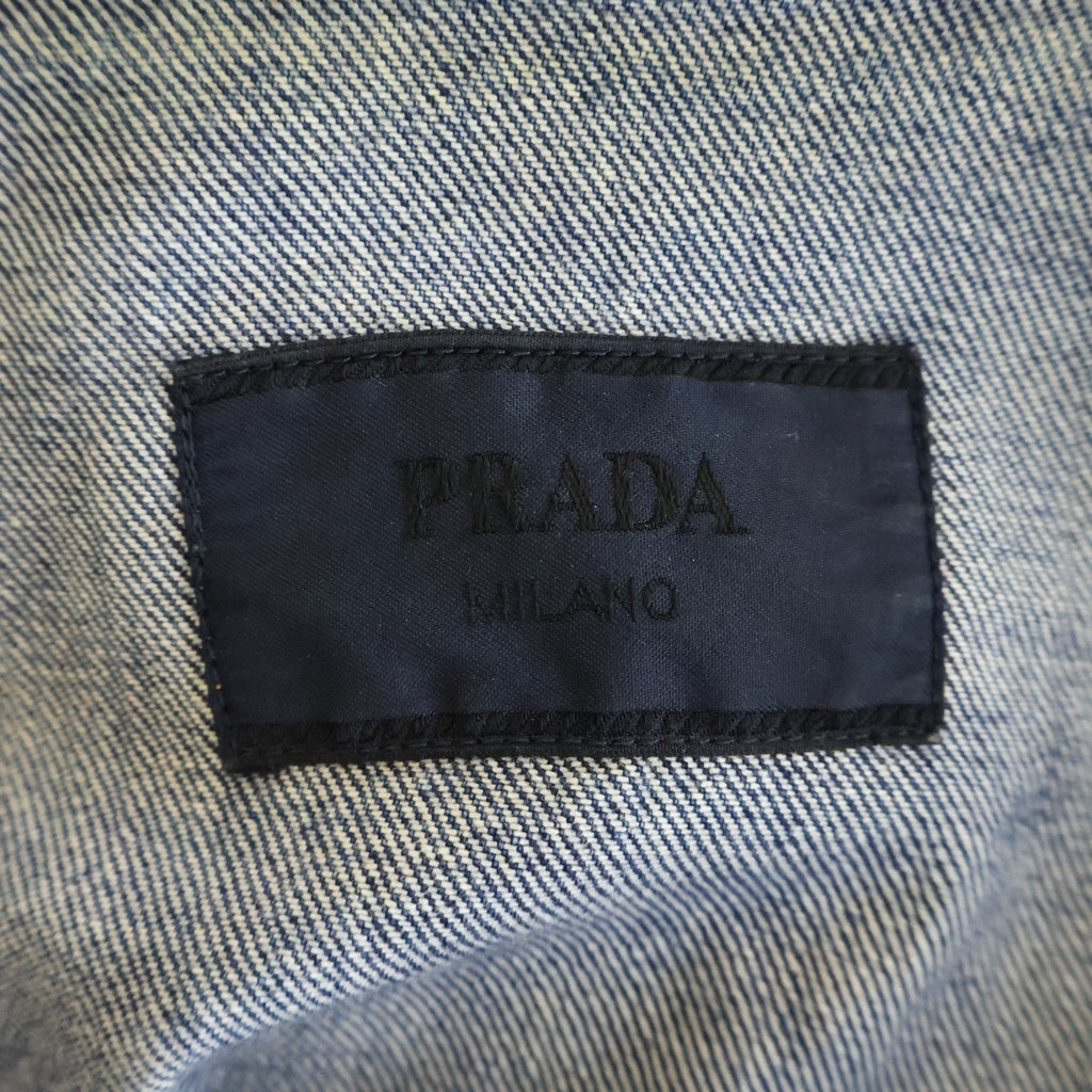 PRADA(プラダ) トライアングルロゴプレート ダメージ加工 デニム 半袖シャツ インディゴ GEC067 S212 10GG