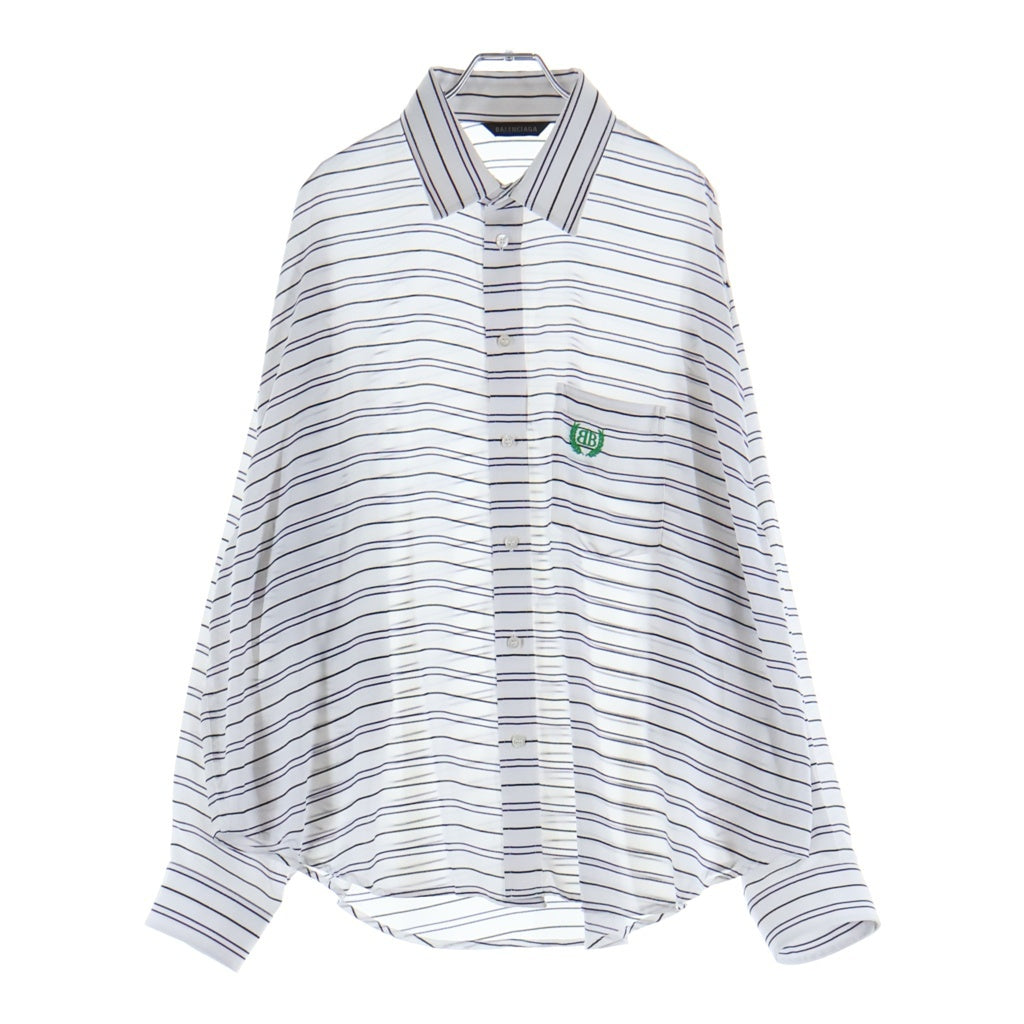 BALENCIAGA(バレンシアガ) Fluid Shirt フルイドシャツ ロゴ刺繍 ポリエステル ストライプ 長袖シャツ ホワイト レディース 830998 TSLF5