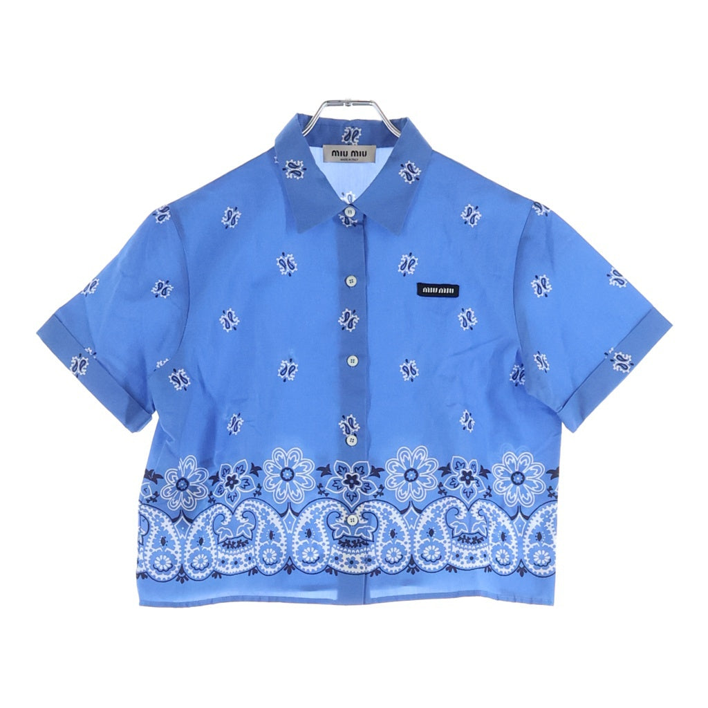 miumiu(ミュウミュウ) Printed Slub Poplin Shirt ペイズリー 総柄 ロゴパッチ プリント スラブ ポプリン 半袖シャツ ブルー レディース MK1951