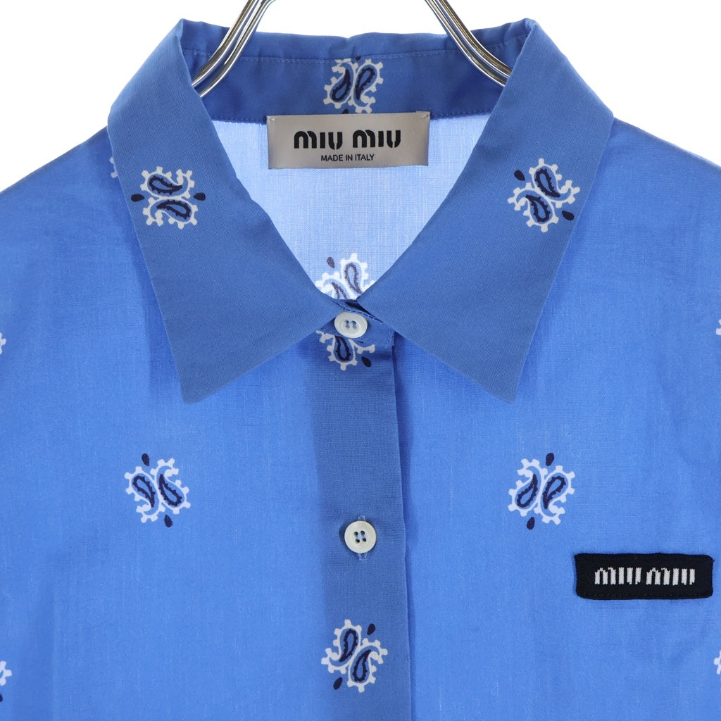 miumiu(ミュウミュウ) Printed Slub Poplin Shirt ペイズリー 総柄 ロゴパッチ プリント スラブ ポプリン 半袖シャツ ブルー レディース MK1951