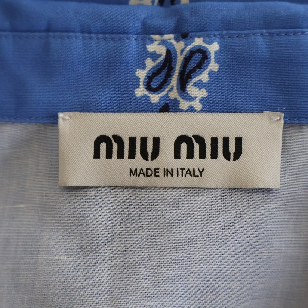 miumiu(ミュウミュウ) Printed Slub Poplin Shirt ペイズリー 総柄 ロゴパッチ プリント スラブ ポプリン 半袖シャツ ブルー レディース MK1951