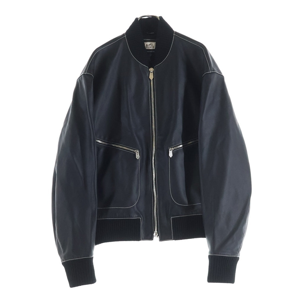 HERMES(エルメス) 26SS ブルゾン アンプラント ステッチ ヴォー スポール ジップアップ レザー ボンバージャケット ブラック