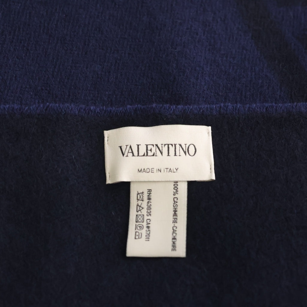 VALENTINO(ヴァレンティノ) V 総柄 カシミヤ フリンジ 大判 ストール マフラー ネイビー/ブルー