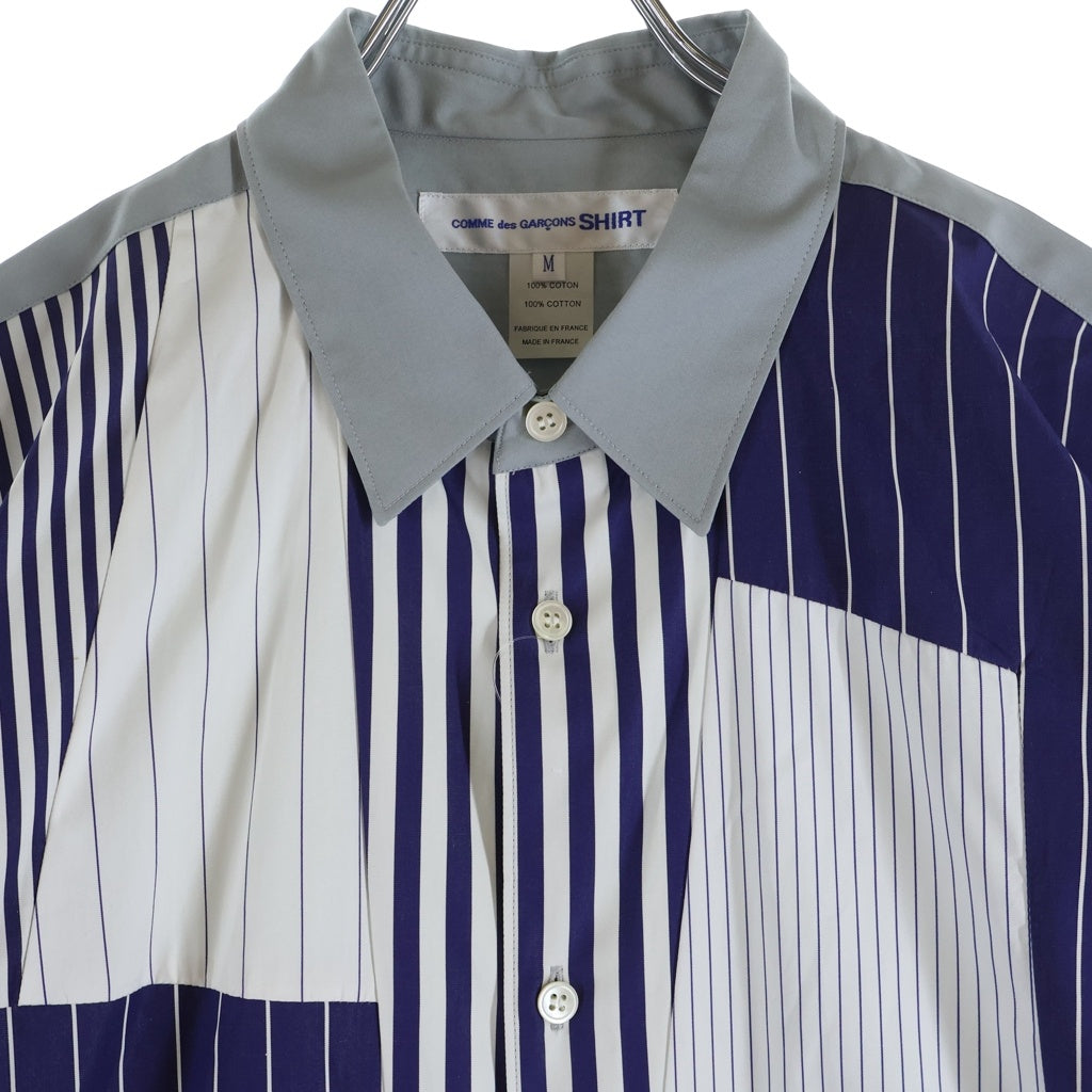 COMME des GARCONS SHIRT(コムデギャルソンシャツ) ストライプ パッチワーク 再構築 コットン 長袖シャツ ホワイト/グレー/ブルー S28056
