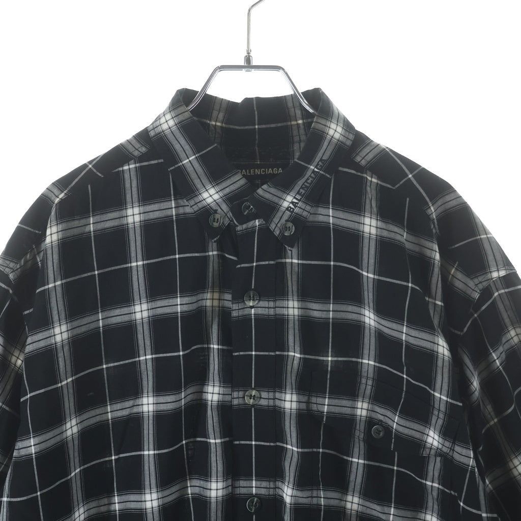 BALENCIAGA(バレンシアガ) 19SS SHORT SLEEVE CHECKED SHIRT 襟エンブロイダリー 総柄チェック デザイン 半袖 ボタンシャツ ブラック 558869