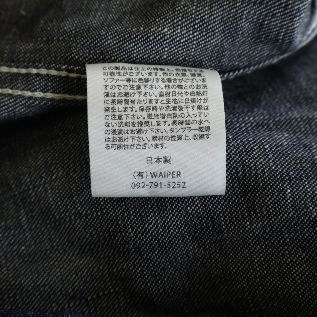 NO BRAND(ノーブランド) ALMW by WAIPER アーミー バイ ワイパー バンドカラー 3B リネン混 デニム プルオーバー ロングスリーブ 長袖シャツ インディゴ WILA-USPO