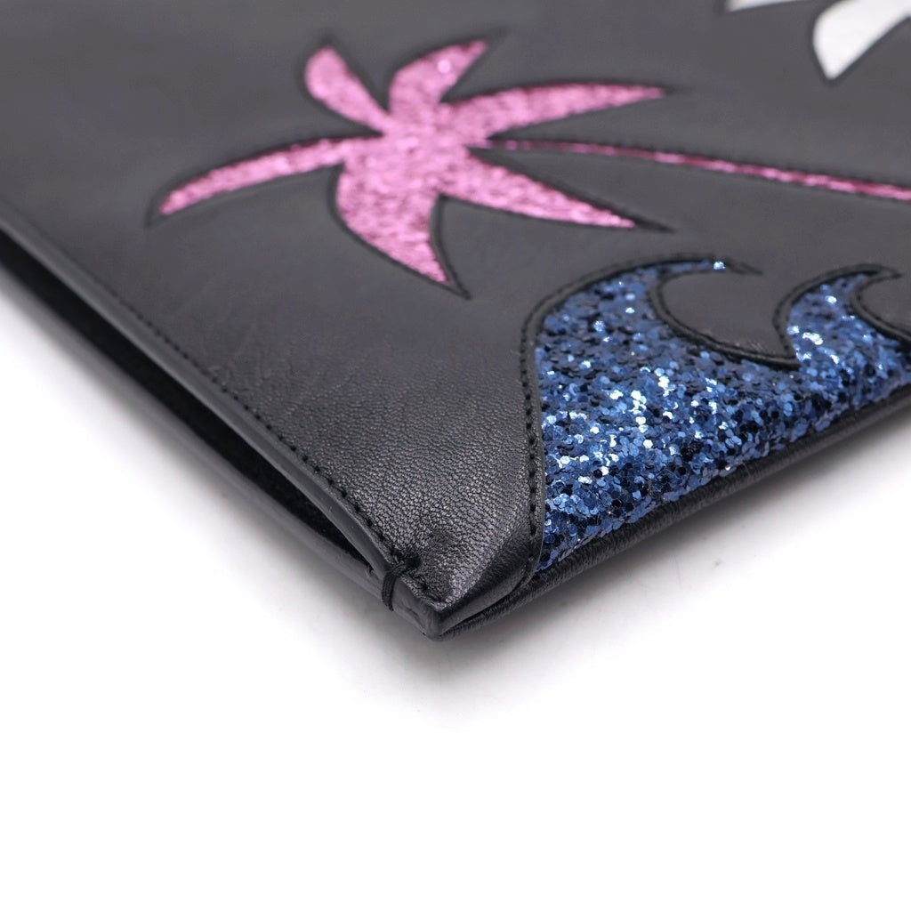 SAINT LAURENT PARIS(サンローランパリ) スパンコール装飾 パームツリー レザー セカンド クラッチバッグ ブラック 397294