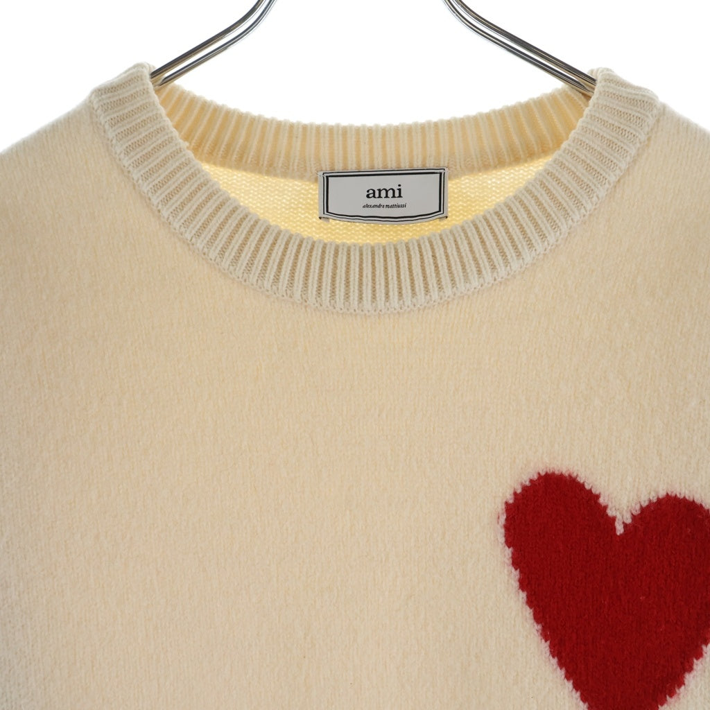 ami paris(アミパリス) HEART LOGO KNIT ロゴデザイン ウール クルーネック ニット セーター ホワイト H20HK009.018