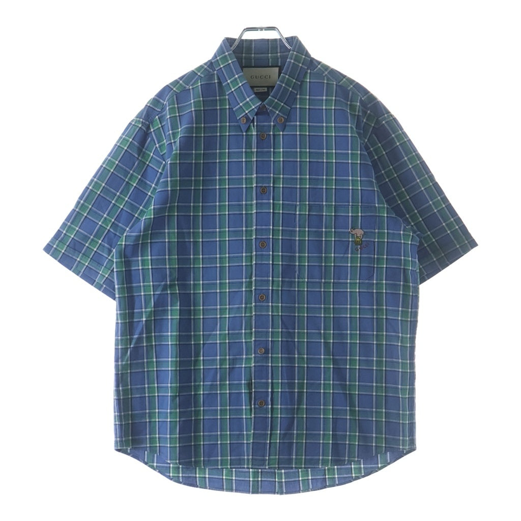 GUCCI(グッチ) 胸ポケットエンブロイダリーデザイン 総柄チェック カラーポイント 半袖 シャツ ブルー 626093-ZAEOO