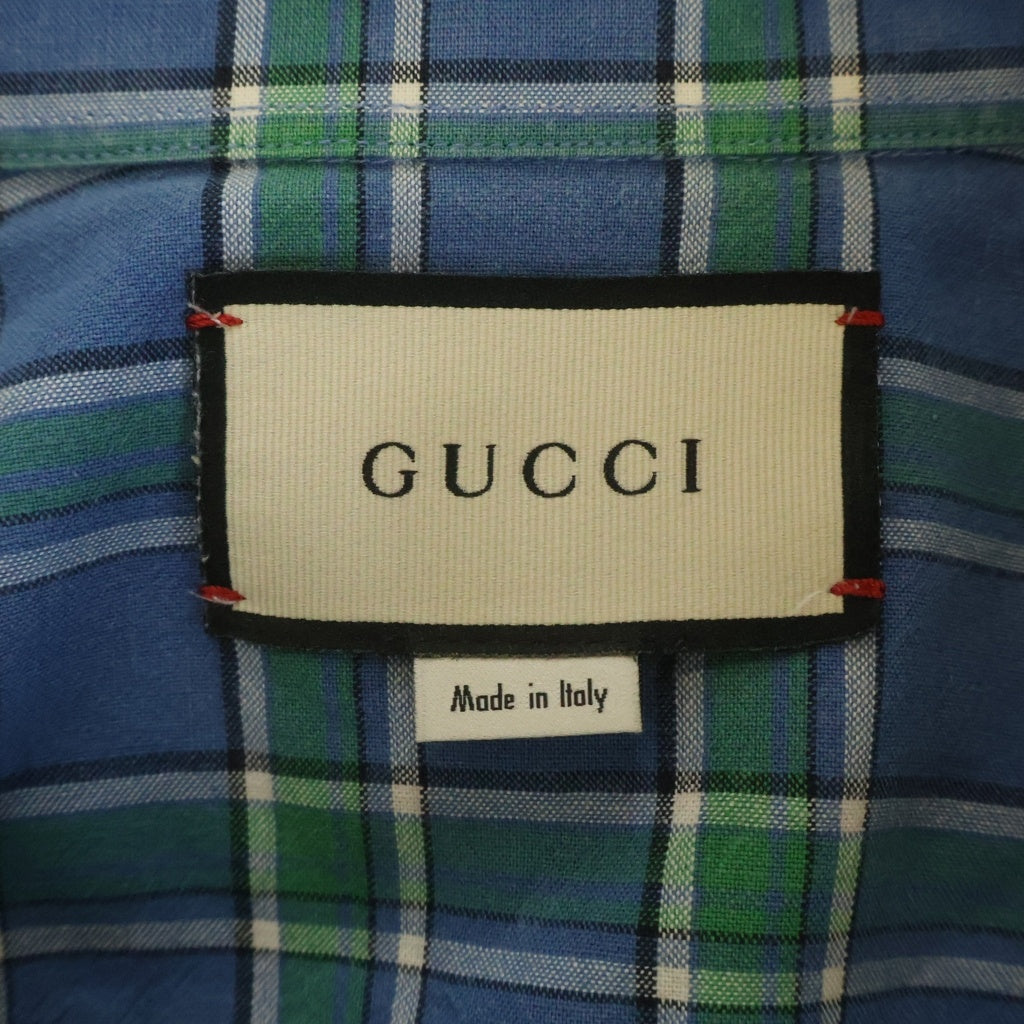 GUCCI(グッチ) 胸ポケットエンブロイダリーデザイン 総柄チェック カラーポイント 半袖 シャツ ブルー 626093-ZAEOO