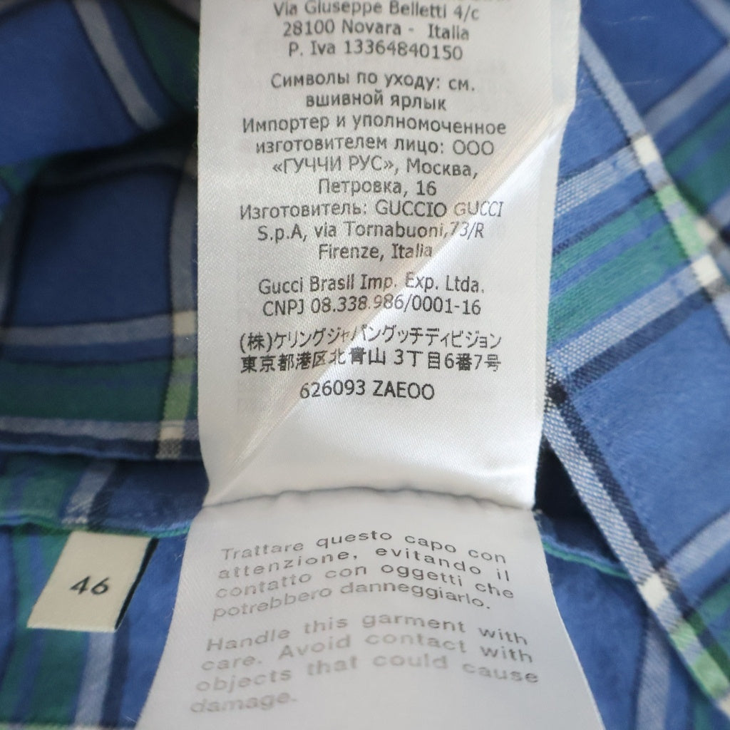 GUCCI(グッチ) 胸ポケットエンブロイダリーデザイン 総柄チェック カラーポイント 半袖 シャツ ブルー 626093-ZAEOO