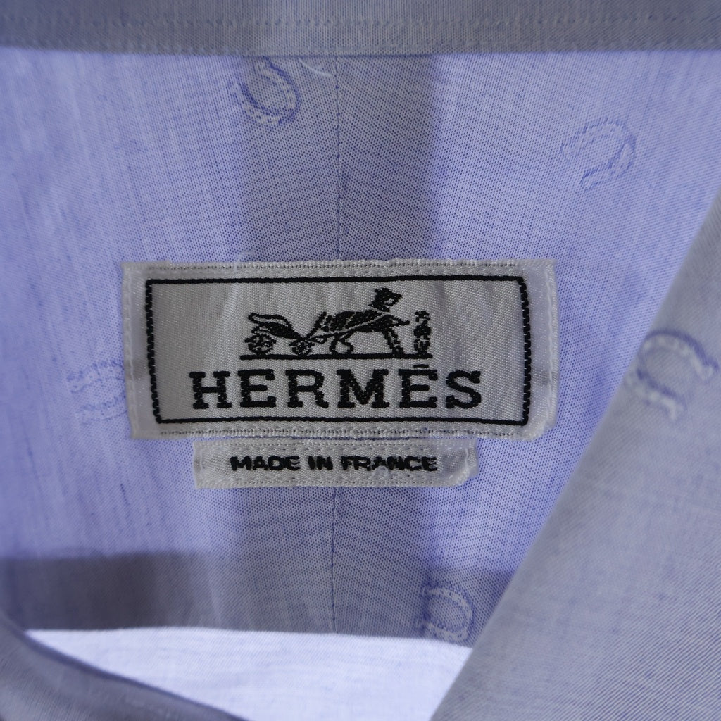 HERMES(エルメス) 馬蹄総柄デザイン セリエボタン レギュラーカラー ロングスリーブ 長袖 ドレスシャツ ブルー
