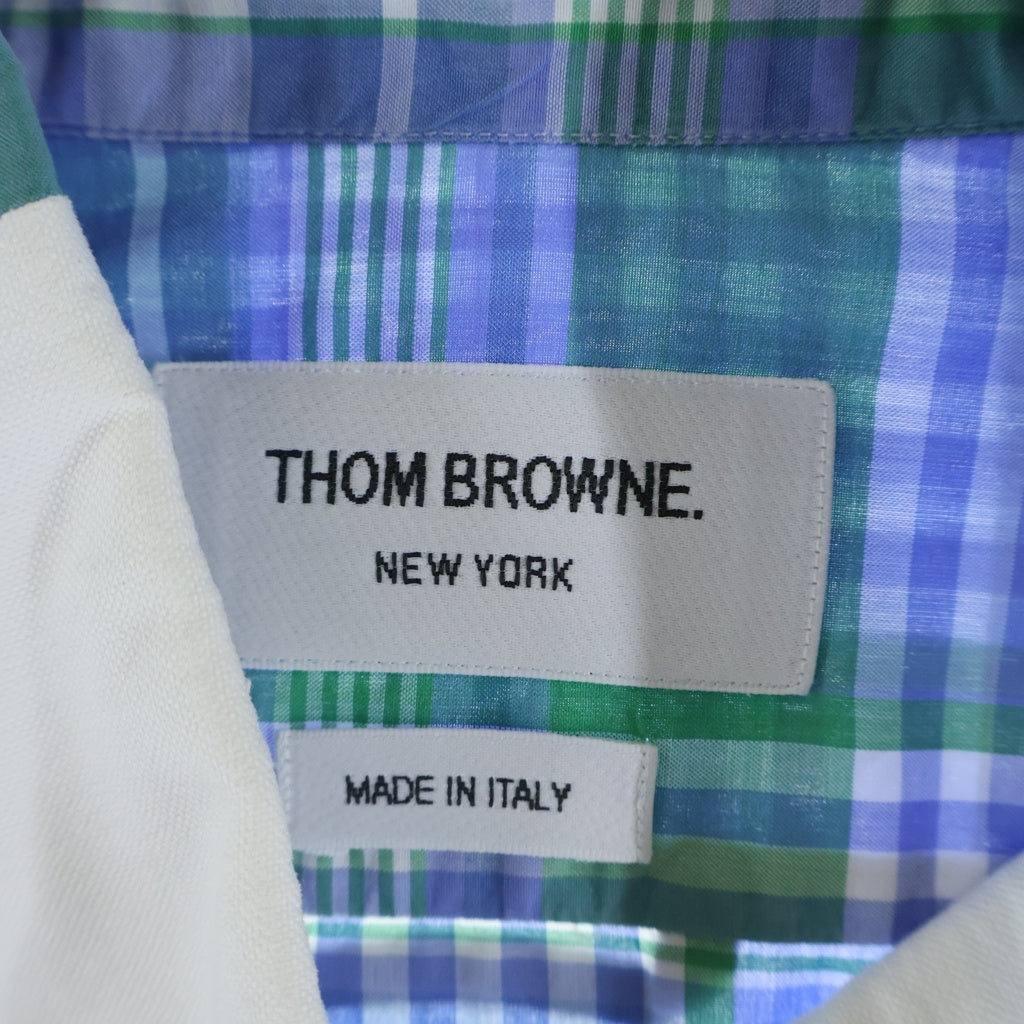 THOM BROWNE(トムブラウン) バックチェック総柄 切り替えデザイン ボタンダウンカラー 胸ポケット 半袖シャツ ホワイト/ブルー
