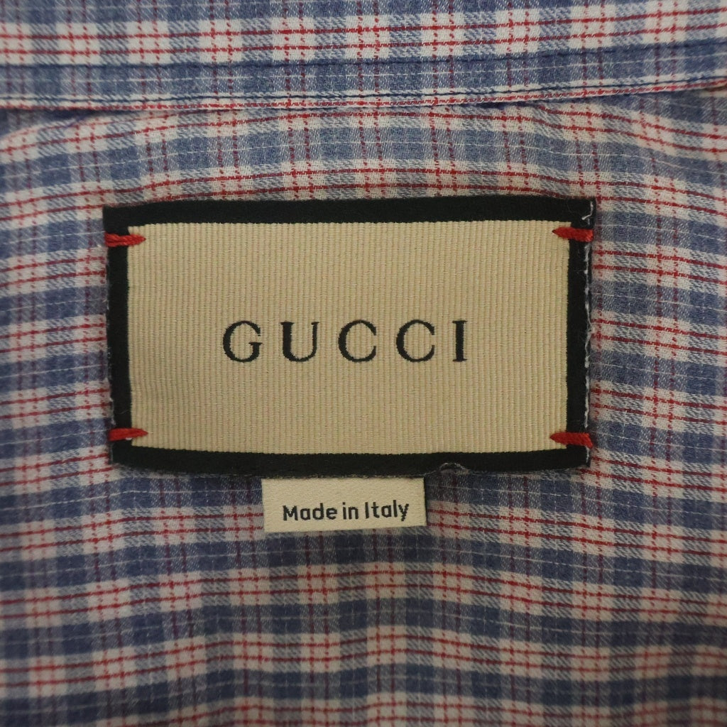 GUCCI(グッチ) フローラル エンブロイダリーデザイン ボタンダウンカラー チェック総柄 半袖シャツ ブルー/レッド 654883-ZAG0G