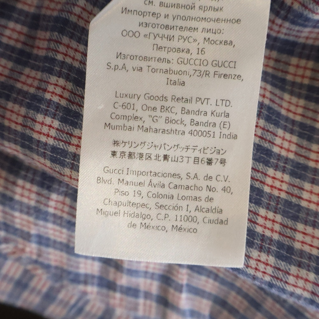 GUCCI(グッチ) フローラル エンブロイダリーデザイン ボタンダウンカラー チェック総柄 半袖シャツ ブルー/レッド 654883-ZAG0G