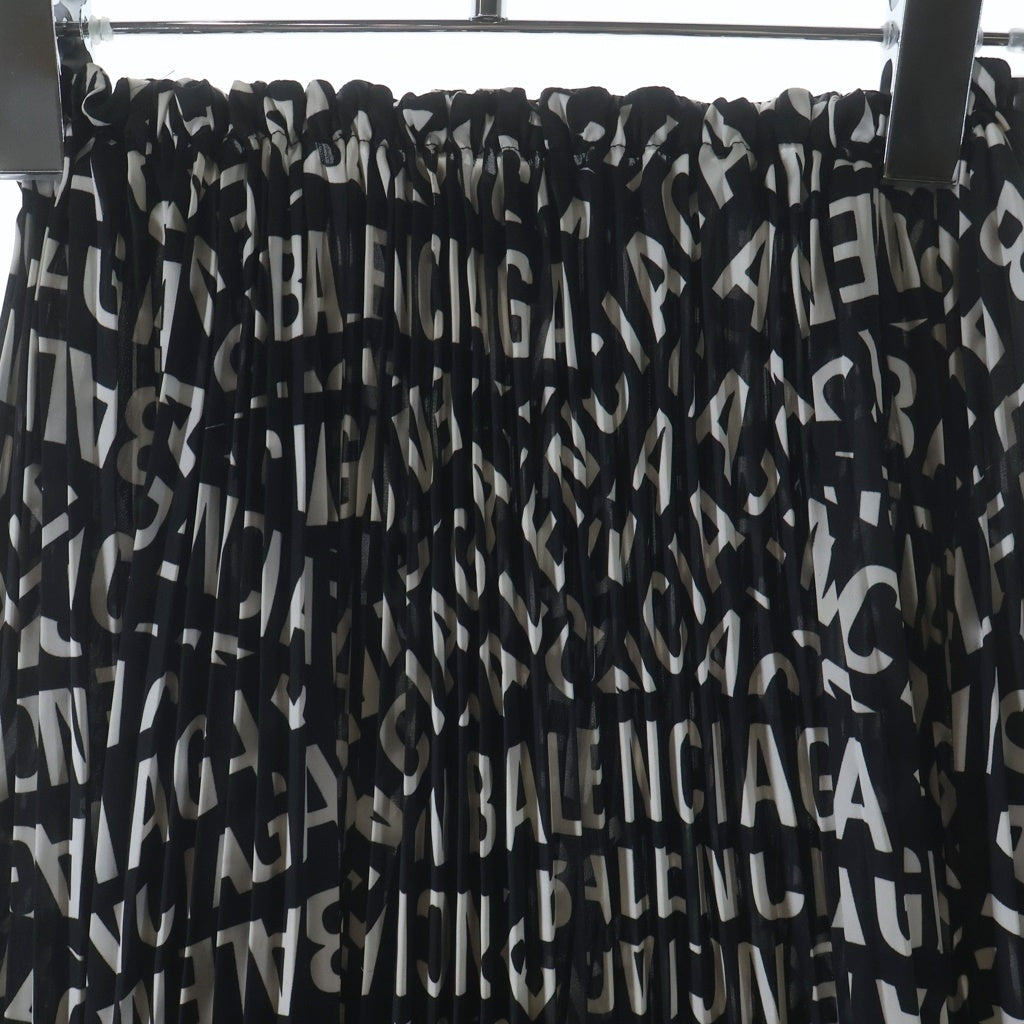 BALENCIAGA(バレンシアガ) オールオーバーロゴプリント ドローストリング プリーツ ミディアムスカート ブラック レディース 704365 TML20