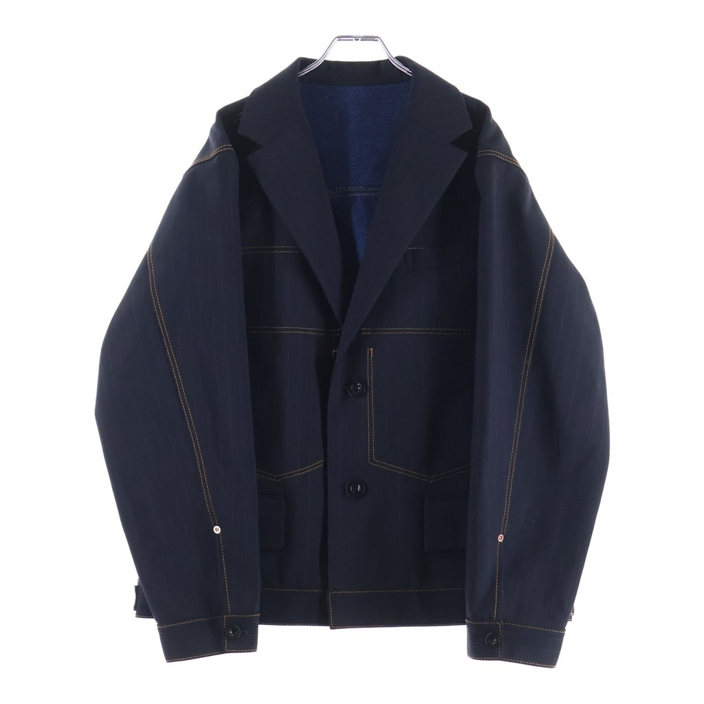 Sacai(サカイ) 24SS CHALK STRIPE BONDING JACKET 裏地デニム切り替え ステッチデザイン ボンディング テーラードジャケット ブラック 24-03346M