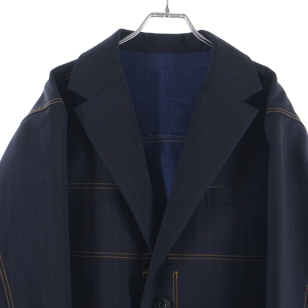 Sacai(サカイ) 24SS CHALK STRIPE BONDING JACKET 裏地デニム切り替え ステッチデザイン ボンディング テーラードジャケット ブラック 24-03346M