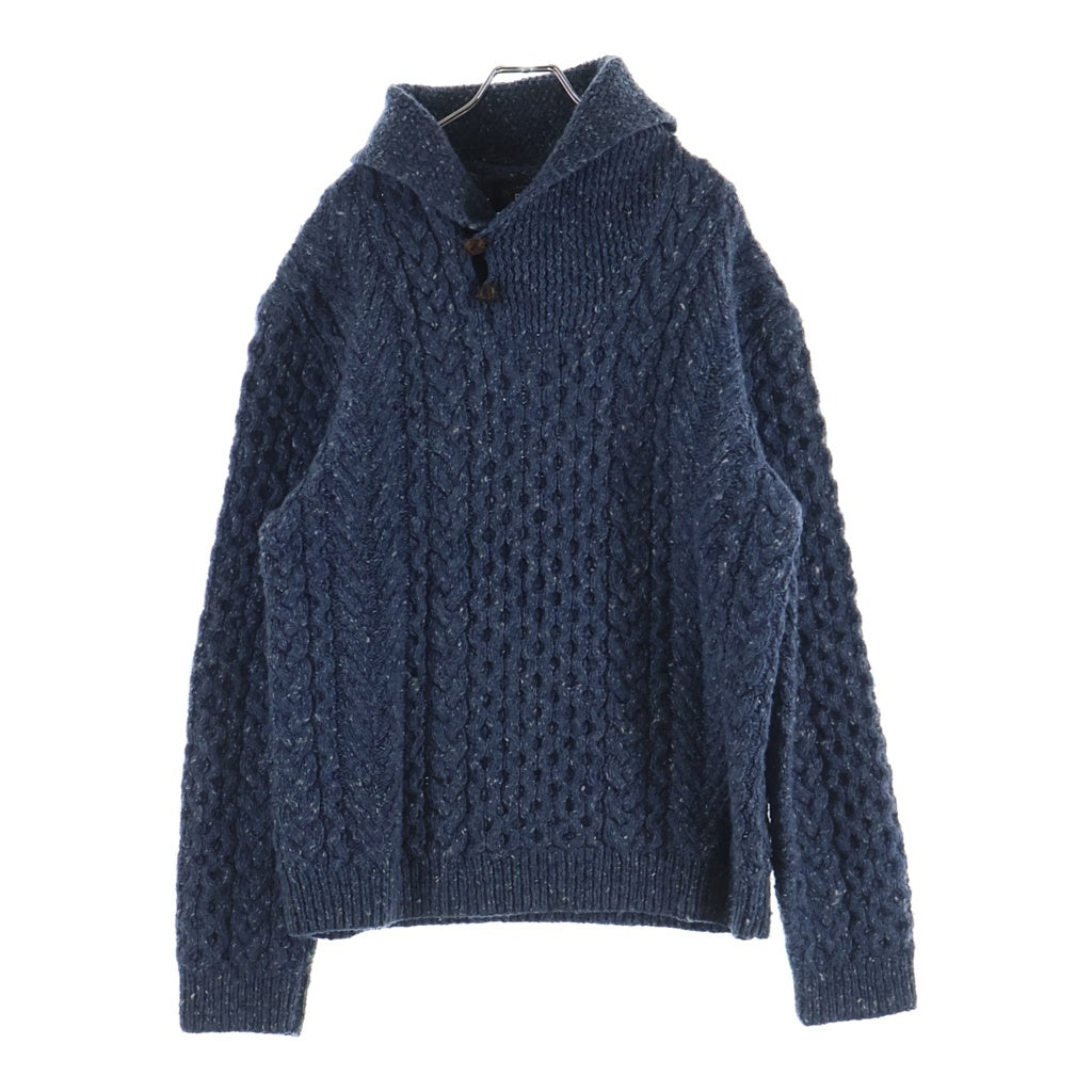 RRL(ダブルアールエル) ハンドニット フーデッド レザーボタン ウールセーター ブルー