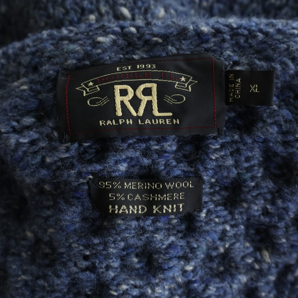 RRL(ダブルアールエル) ハンドニット フーデッド レザーボタン ウールセーター ブルー