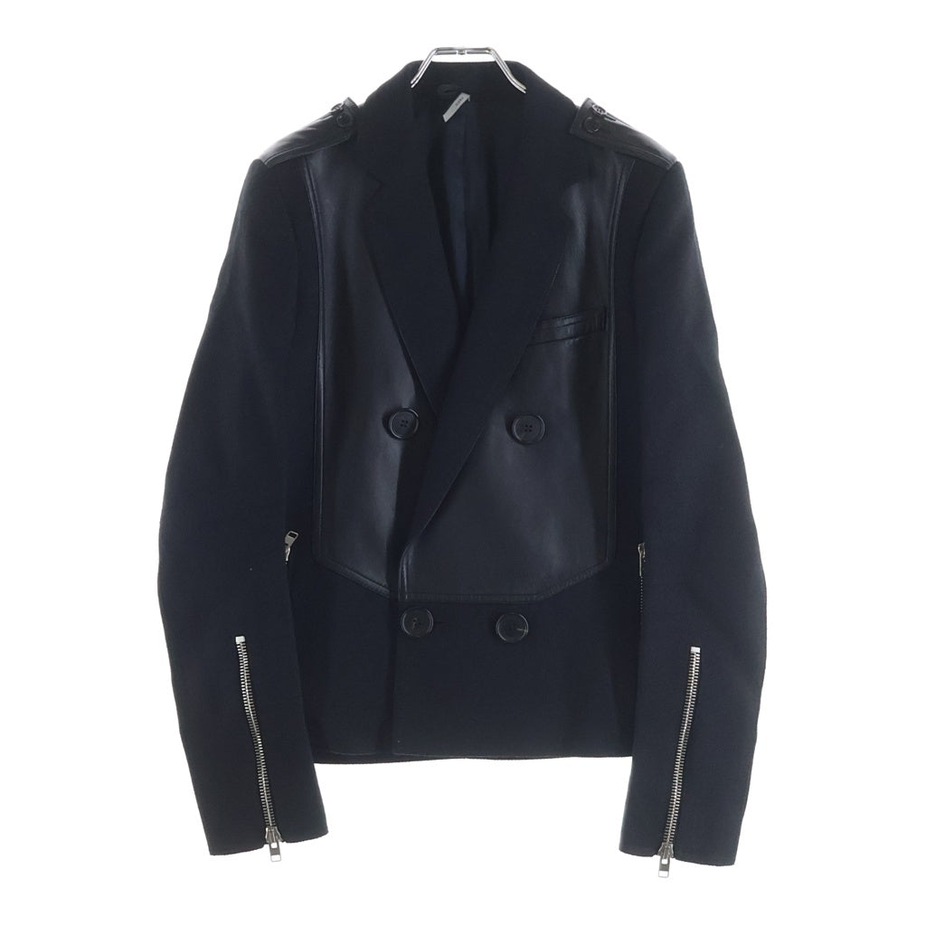 Dior HOMME(ディオールオム) 07AW エディ期 ラムレザー パネル切替 ウール ピーコート ダブルジャケット ブラック 7H3141290318