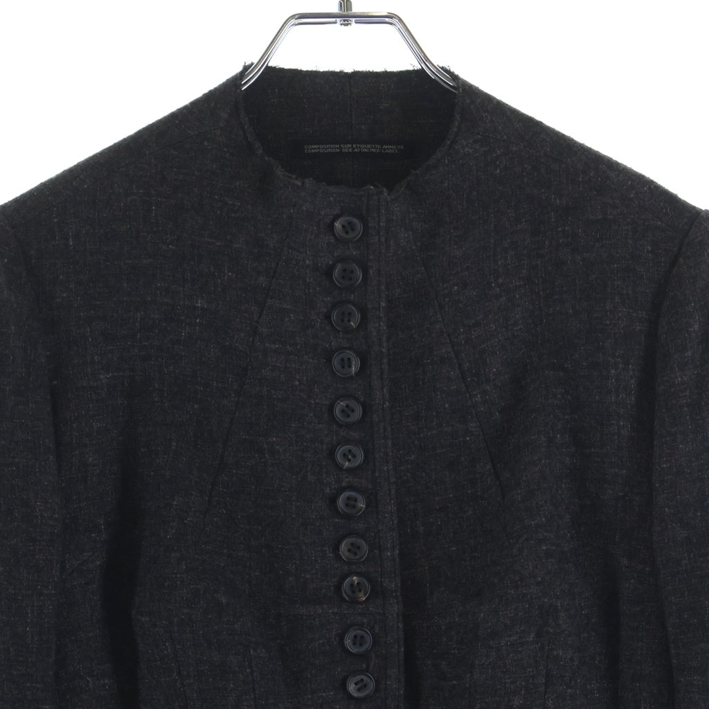 Yohji Yamamoto(ヨウジヤマモト) 90S VINTAGE ウールリネンギャバジン 変形ノーカラー 多連ボタン ジャケット ブラウン レディース FY-J91-187