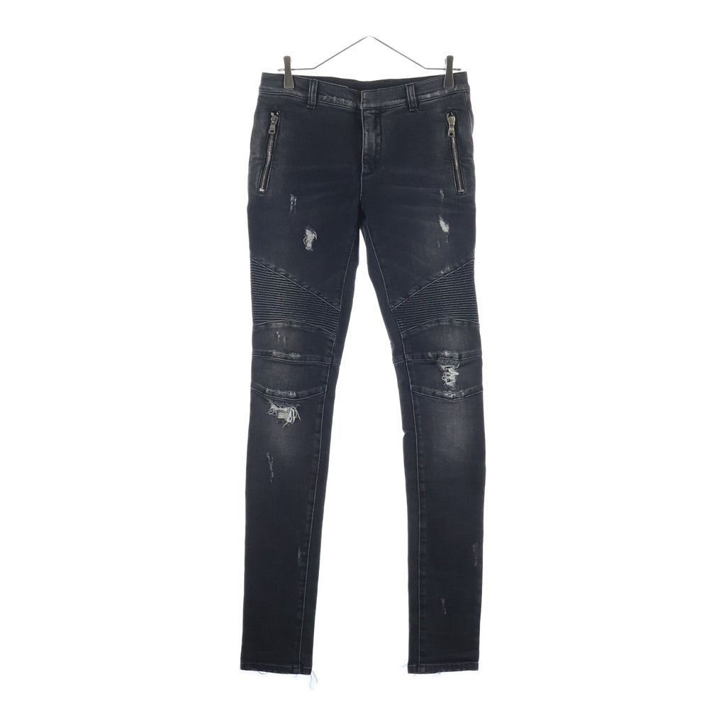 BALMAIN(バルマン) クラッシュ ダメージ加工 ストレッチ デニム パイカーパンツ ブラック S7H9528T097