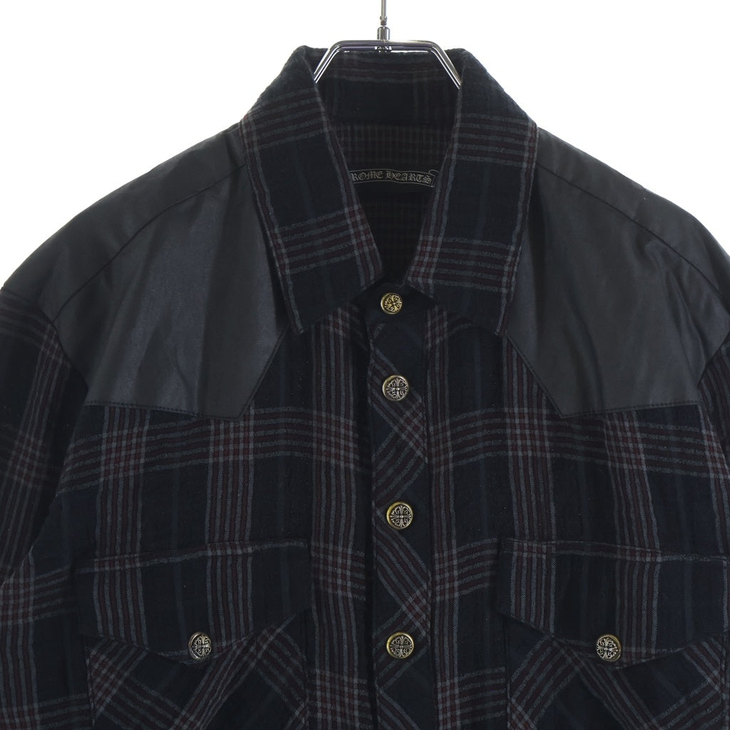 CHROME HEARTS(クロムハーツ) WESTN ウエスタン フローラルクロスボタン レザークロスパッチ ガーゼ 総柄チェック ロングスリーブ 長袖シャツ ブラック/レッド