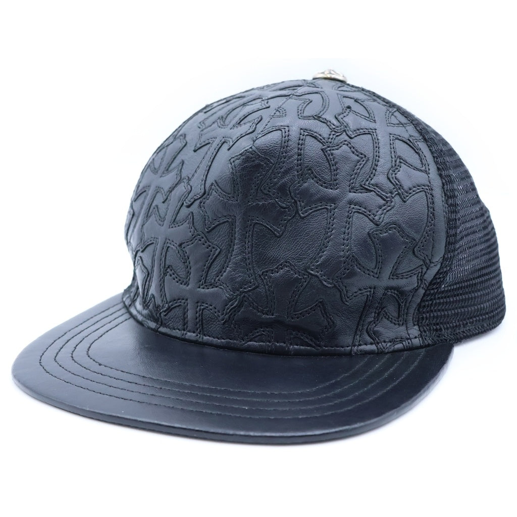 CHROME HEARTS(クロムハーツ) TRUCKER CAP レザーパッチトラッカー セメタリークロスパッチクロスボール付メッシュ帽子 ブラック