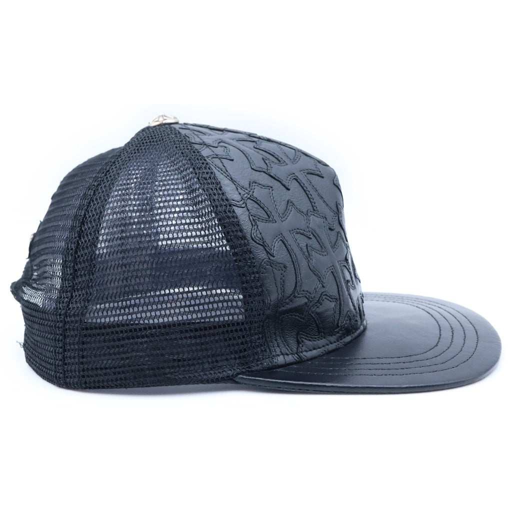 CHROME HEARTS(クロムハーツ) TRUCKER CAP レザーパッチトラッカー セメタリークロスパッチクロスボール付メッシュ帽子 ブラック
