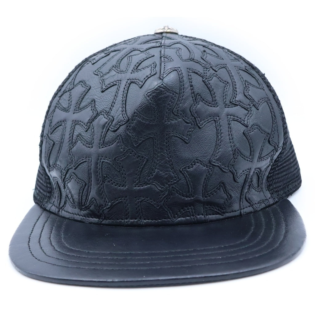 CHROME HEARTS(クロムハーツ) TRUCKER CAP レザーパッチトラッカー セメタリークロスパッチクロスボール付メッシュ帽子 ブラック