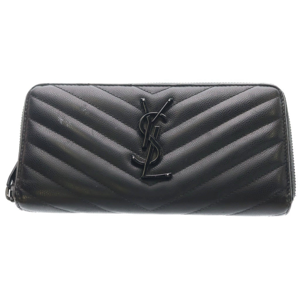 YVES SAINT LAURENT(イヴサンローラン) ロゴプレート キルティングデザイン ラウンドジップ ロングウォレット 長財布 ブラック レディース