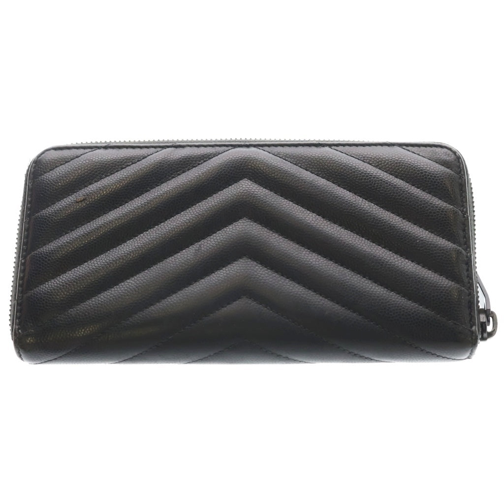 YVES SAINT LAURENT(イヴサンローラン) ロゴプレート キルティングデザイン ラウンドジップ ロングウォレット 長財布 ブラック レディース