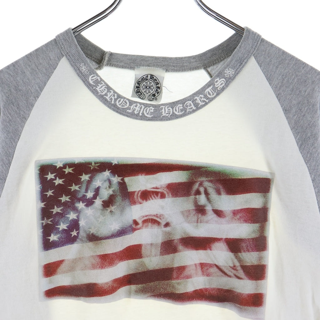 CHROME HEARTS(クロムハーツ) OLD 星条旗 ネックロゴデザイン ラグランスリーブ クルーネック ロングスリーブ 長袖Tシャツ カットソー ホワイト/グレー