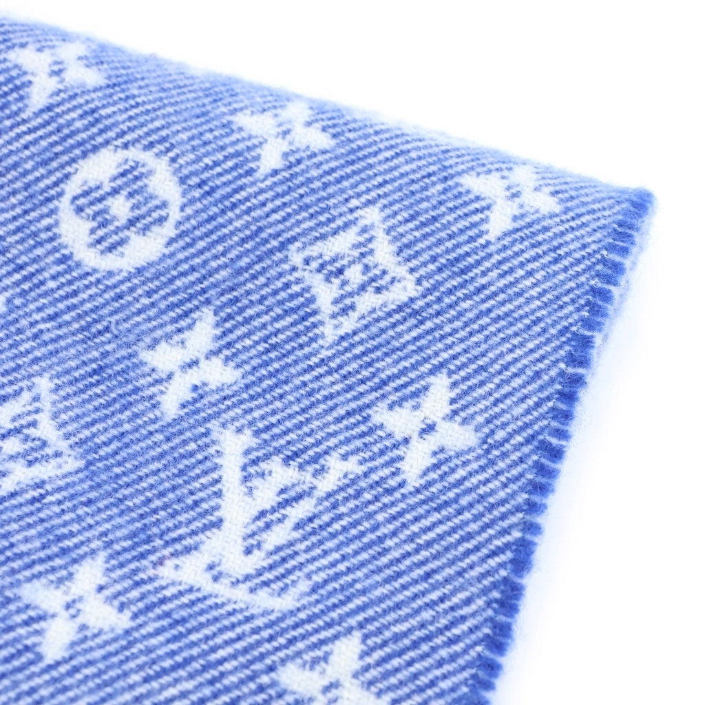 LOUIS VUITTON(ルイヴィトン) エシャルプ デニム エンベリッシュド モノグラム ワッペンロゴ フリンジ ウール カシミヤ マフラー ストール ブルー AB0198 M71356