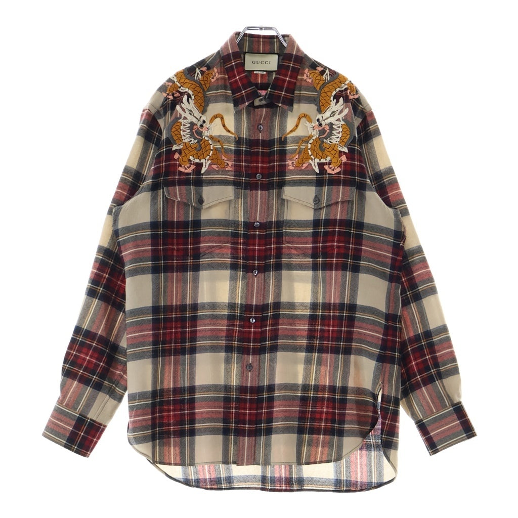 GUCCI(グッチ) 17AW ドラゴン刺繍 ウール チェック 長袖シャツ マルチ 478176 Z520F