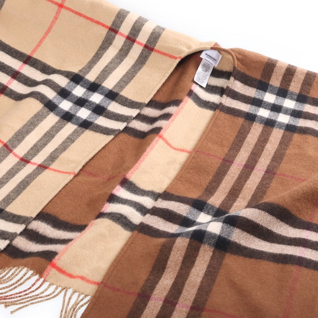 BURBERRY(バーバリー) コントラスト チェック ウール カシミヤ フリンジケープ ポンチョ ストール ベージュ レディース 8059406